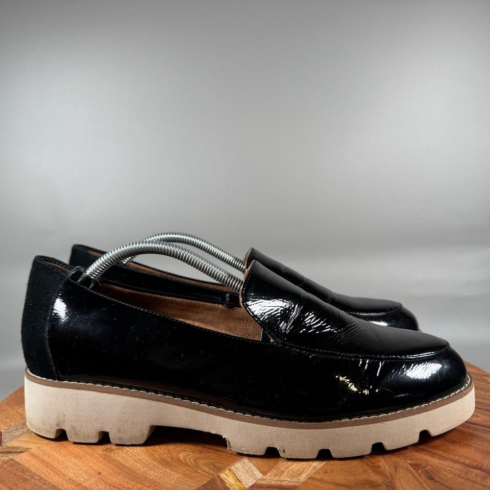 Vionic Kensley Black Patent Leather Suede Platform Lug Sole Loafers Womens 8.5